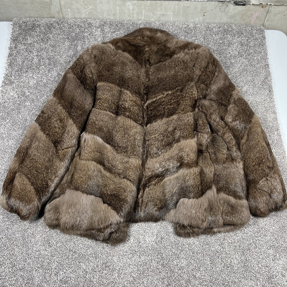 Vintage 80s 90s Rabbit Fur Coat Shawl Collar Size Medium Clasp Chevron Pattern - Picture 2 of 11